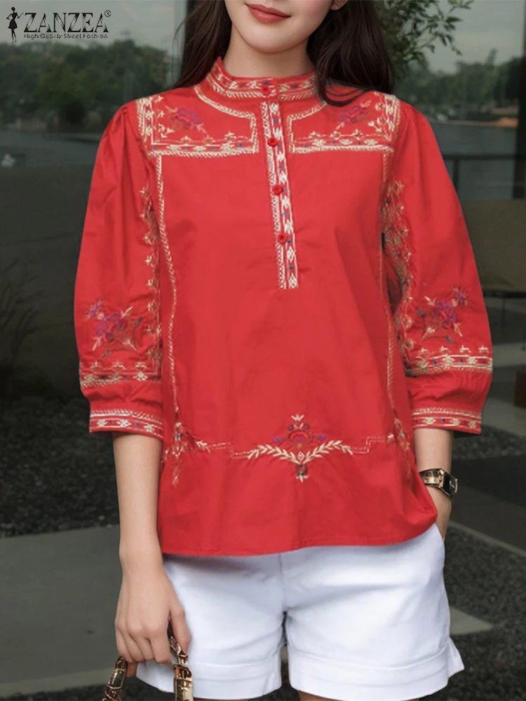 ZANZEA بلوزات نصف زر مطبوعة على الطراز العرقي للنساء لخريف 2025 بياقة الماندرين 3/4 كم فانوس بلوزات غير رسمية