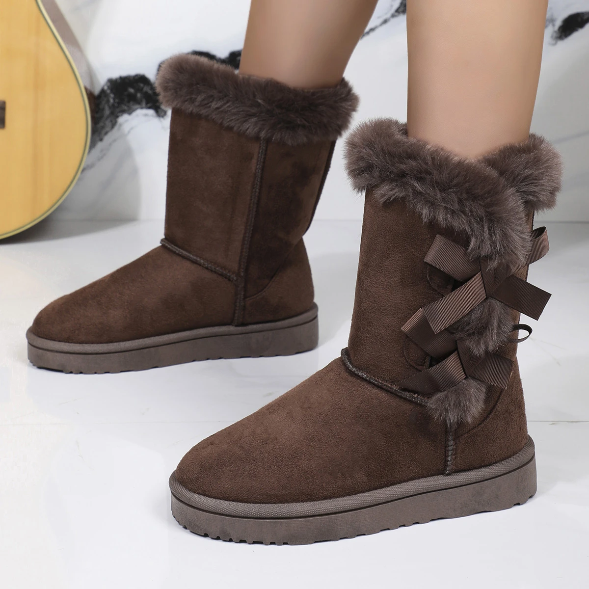 Winter Women Boots Casual Warm Fur Mid-Calf Boots Women Round Toe Platform Snow Boots Slip on Woman Black Long Boots Plus Size42