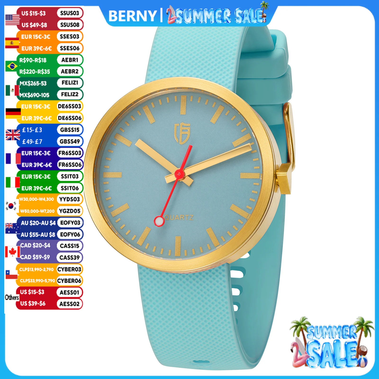 Montres pour femmes BERNY, cadran lumineux de 38 mm, saphir, montre-bracelet à quartz décontractée pour femmes, 5 ATM, silicone souple, montre pour hommes
