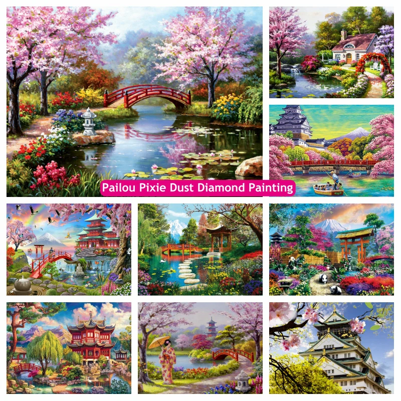 

Japanese Zen Garen Cherry Blossoms Landscape AB Drills Diamond Painting Mount Fuji Sakura Temple Art Mosaic Cross Stitch Decor