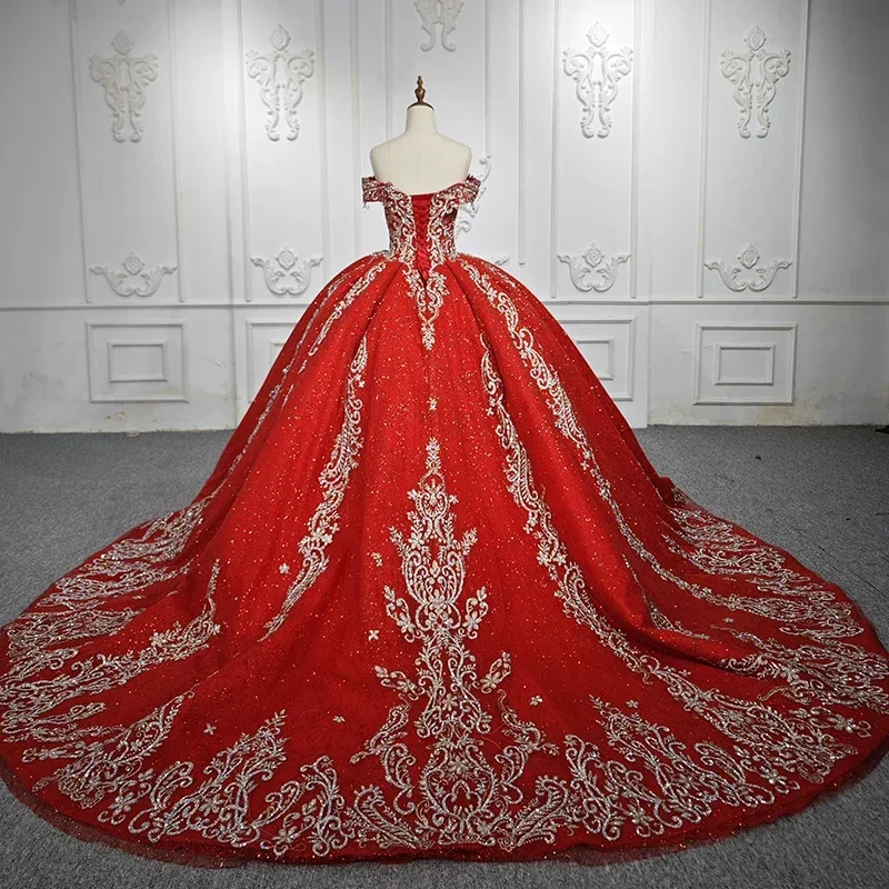 Роскошное красное бальное платье Quinceanera с открытыми плечами и рукавами-крылышками, кружевное милое 16-е мексиканское платье принцессы для дня рождения