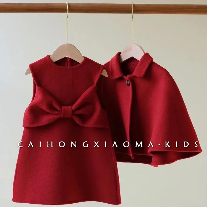 Girls' Set Autumn/Winter New Children's Cloak Dress Set 2-piece Baby Stylish Birthday and Christmas Dress