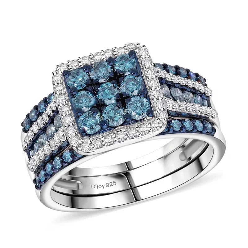 Dreiteiliges Set Modischer Funkelnder Blauer Synthetischer Zirkonia Silberbeschichteter Ring Eleganter Damen-Schmuck für Festliche Anlässe