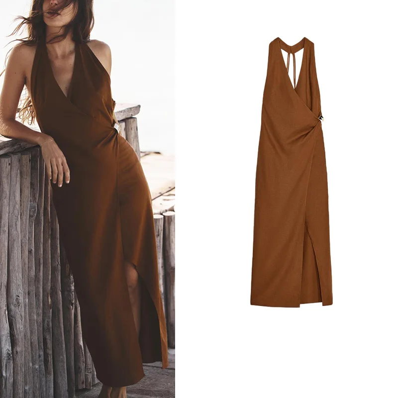 กระโปรงยาวทรงเอวสูงผ้าลินินผสมประดับลายทอง ดีไซน์คอวี กระดุมสองแถว สำหรับผู้หญิงช่วงฤดูร้อน