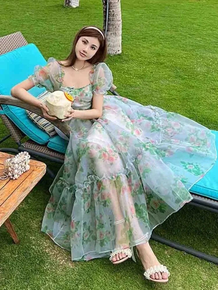 Casual Women\'s Elegant Floral Midi Dress Spring Fashion New A-Line Party Princess Vestidos Female Chic Fairy Vintage Robe Mujers