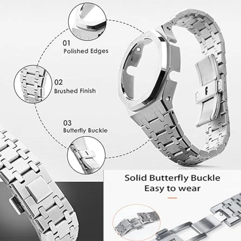 Casioak Burnishing Stainless Steel Case For G-Shock GA2100 Modification Kit Metal Bezel Stainless Steel Strap For GA2110/GAB2100