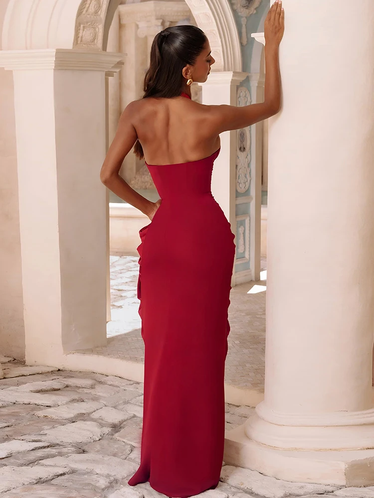 Nibber Elegantes Rückenfreies Kleid für Bankette und Partys, Sexy Mode mit Neckholder, Tiefem V-Ausschnitt, Gerafftem Patchwork und Hohem Schlitz, Schlichtes Bodycon-Kleid – Detail 14
