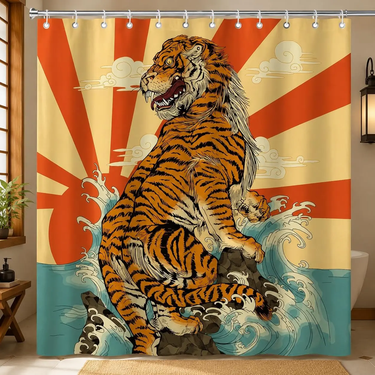 Exotic Tiger Jungle Print Shower Curtain Bathroom  Decor Tropical Animal Japanese Wave Design Statement Curtain
