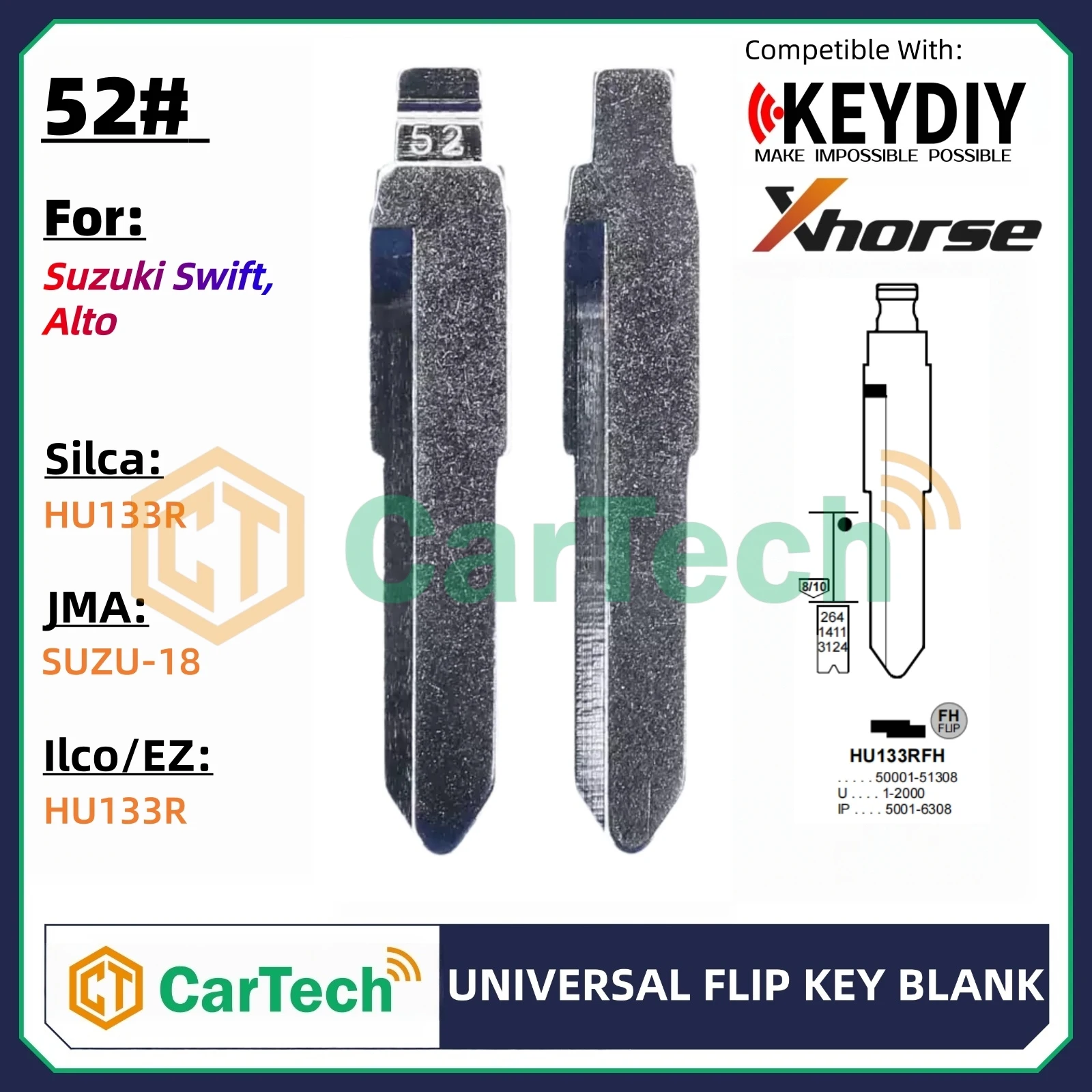 Cartech 52# Uncut Flip Blank Key Blade for KEYDIY KD XHORSE VVDI Universal Remote Fit Suzuki Swift Alto