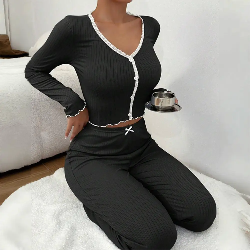Stylish Pajama Set Elegant Lace Trim Pajama Sets for Women Ribbed Knit Crop Top Wide Leg Pants Lounge Set for Autumn for Women