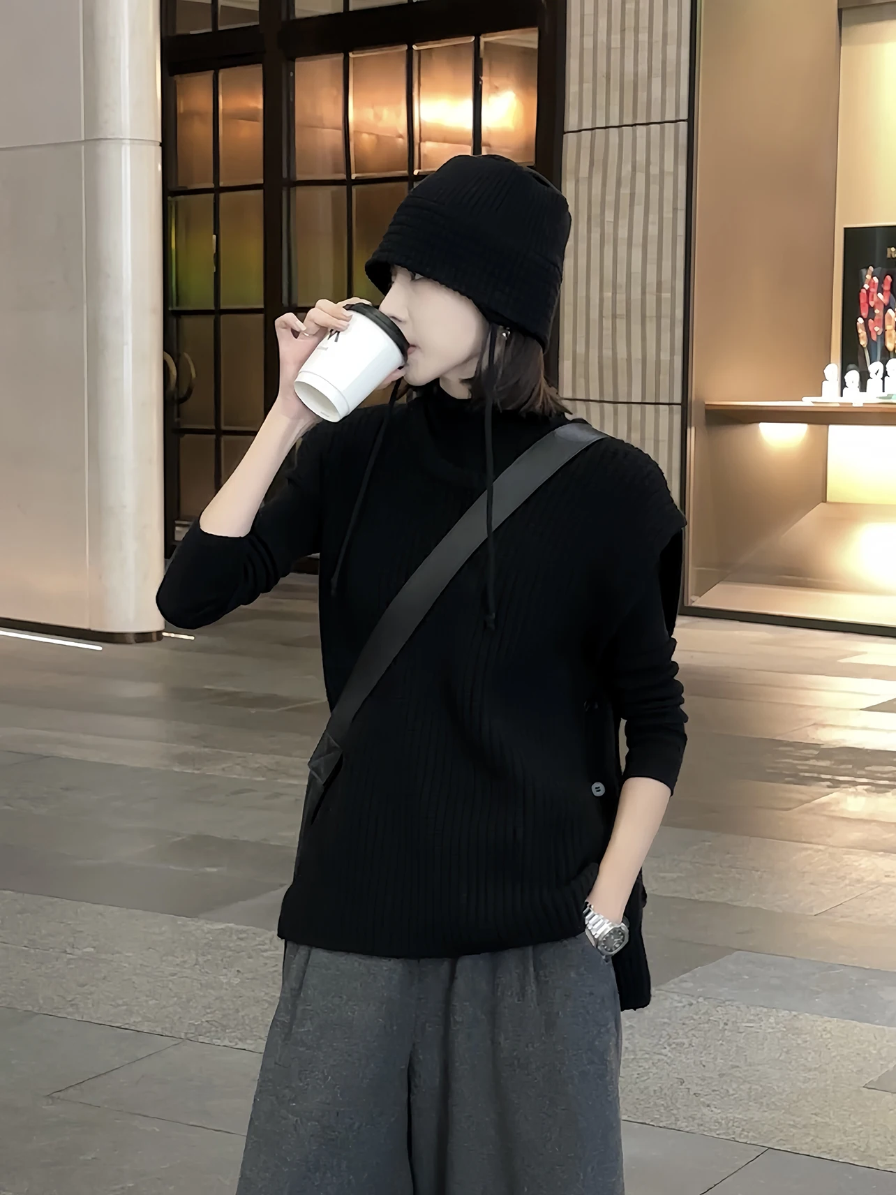 

Zhou Autumn Winter Loose Knitwear Vest Simple Retro Layering Design Comfortable Long Sve round Ne Sweater Thermal