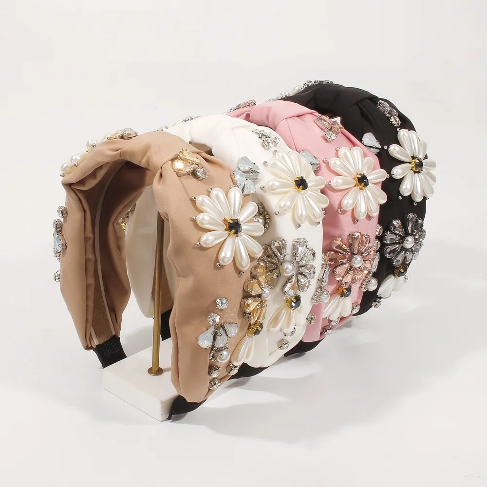 F3328 retro court style imitation diamond wide edge headband satin cloth pearl fashion temperament headband women