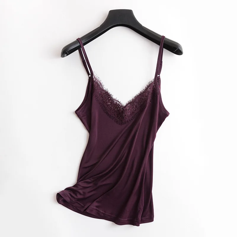 1pc 50% Silk 50% Viscose  V neck Lace Camisole Top Vest Shirt Sleepwear Spaghetti Strap M-2XL TA005