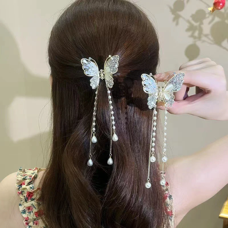 Rhinestone Butterfly Hair Claw Pearl Tassel Crab Clip Metal Bow Tie Hairpin Women Shark Claw Clip Girl Barrette Hair Accessories