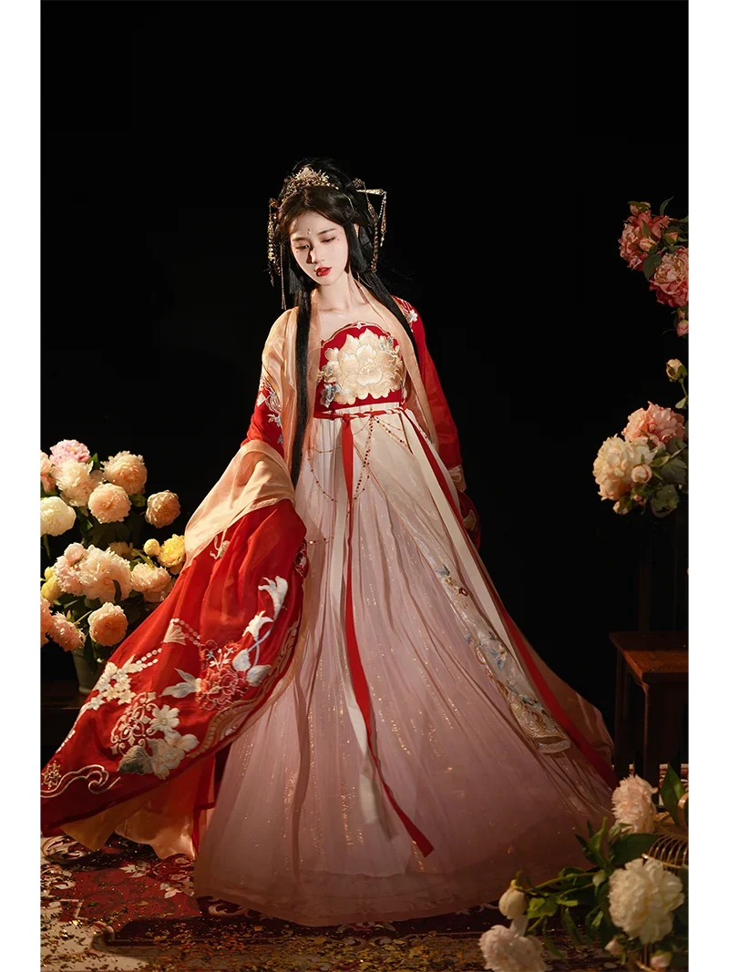 Hanfu Female Tang Style And Breast Skirt Dress Embroidered Large Sleeve Shirt Red Tang Dynasty Chinese Style Autumn Suit