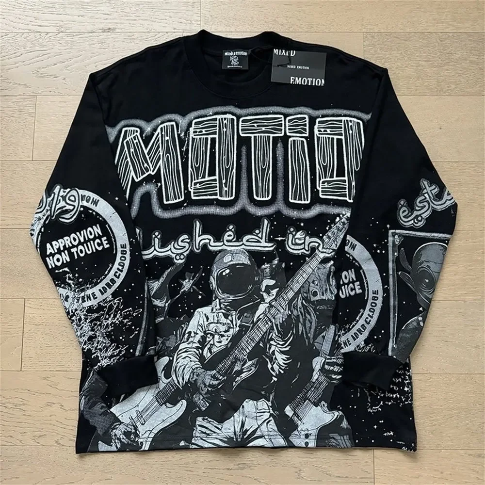High Quality Designer MIXED-EMOTION Long sleeved T-shirt 100% cotton men's and women's Vintage Printed High Street Trendy Fashion Hip Hop T-shirt hoodie sweatshirt Pullover image 5