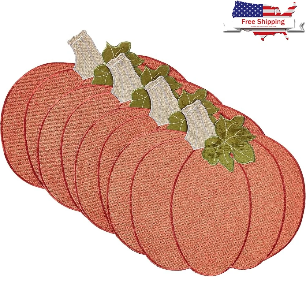

Thanksgiving Harvest Pumpkin Pattern Polyester Applique Embroidered Burlap Placemats Set of 4 Decorative Table Decor 12x18 Inch