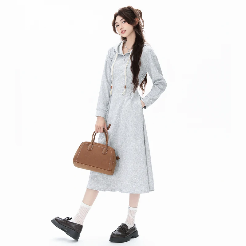 

New autumn and winter hooded sweatshirt dress with long sleeves, tie-waist, slimming, Korean style, simple, casual, solid color
