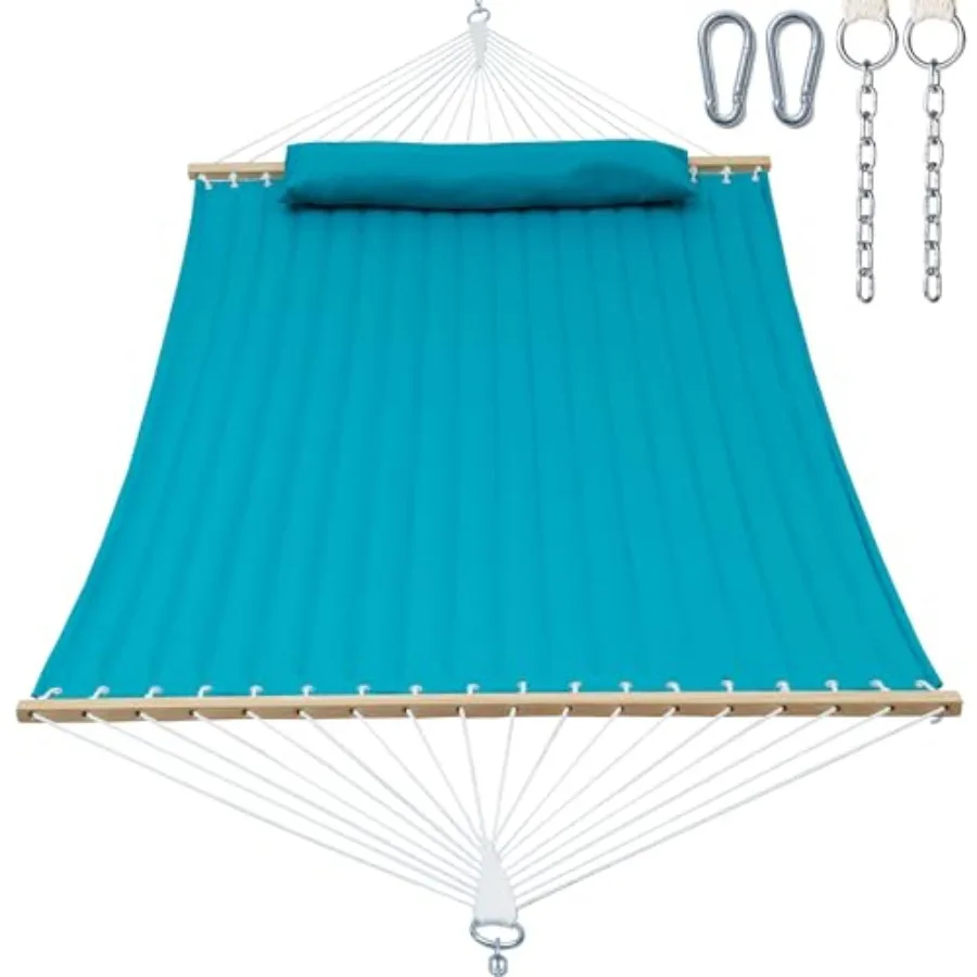 2 Person 12FT Outdoor Hammock with Quilted Fabric and Spreader Bar Canyon Creek Aqua Includes Removable Pillow Storage Pockets