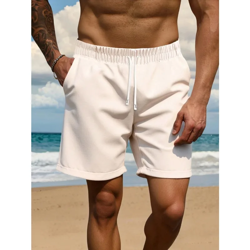 Мужские однотонные белые шорты на талии больших размеров на шнурке. Хлопковая спортивная одежда, фитнес и повседневные удобные брюки. Мужские шорты.