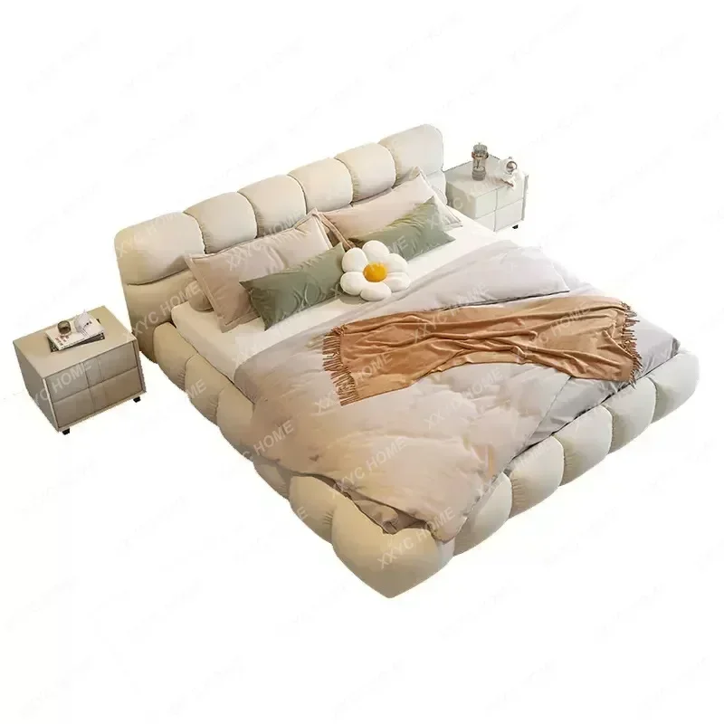 A Square Fabric Bed Designer Model Nordic 1.8 M Double Cream Style Bed in Master Bedroom