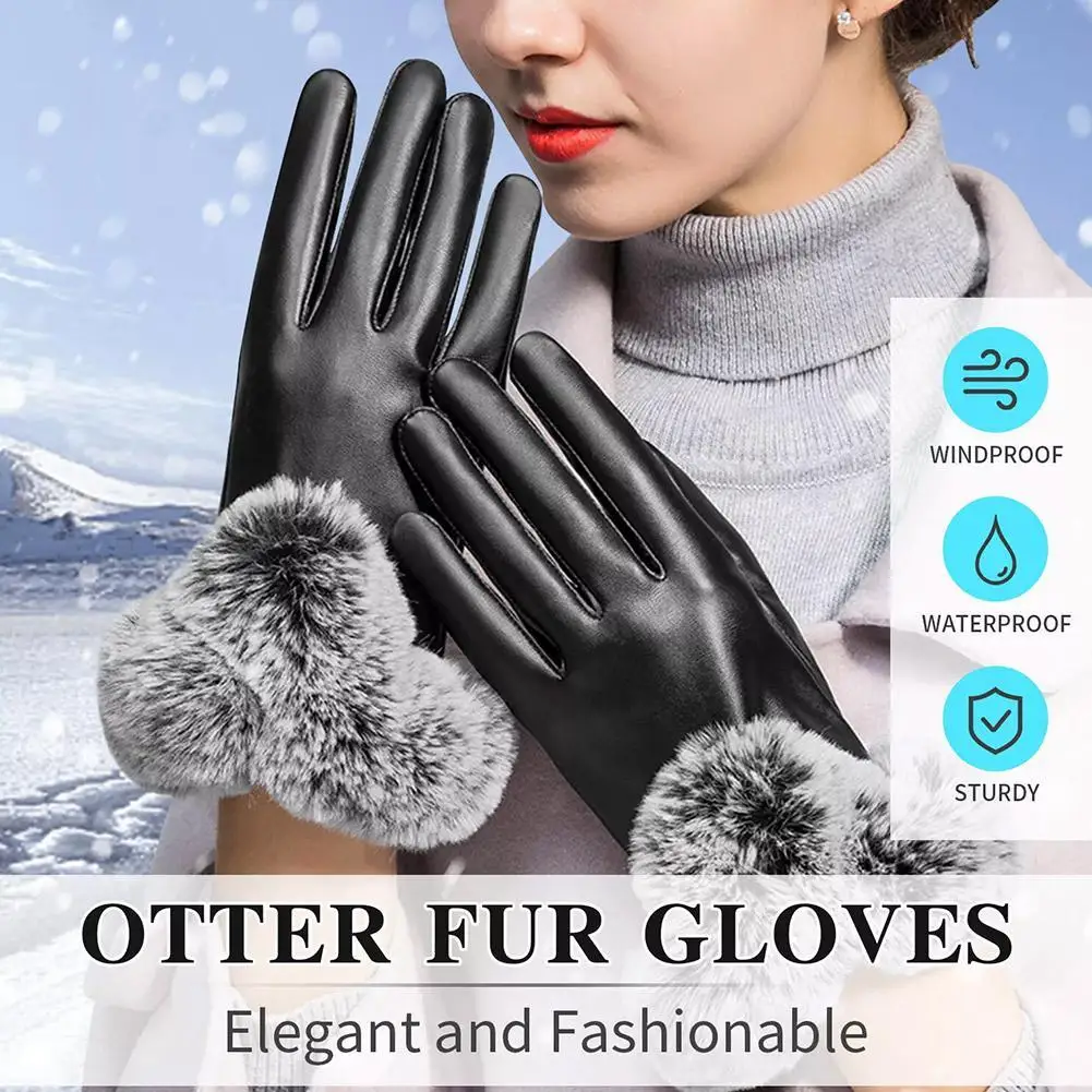 Women's Large V-shaped Touch Screen Warm Plush Leather Gloves Winter Cycling Fashion Black PU Leather Gloves