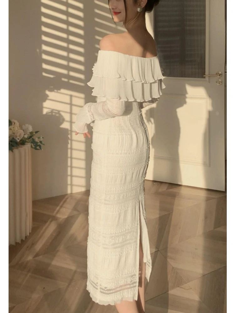 Vestido Midi Vintage blanco elegante para mujer, vestido ajustado Sexy con volantes para fiesta en la playa, vestido de una pieza ajustado para