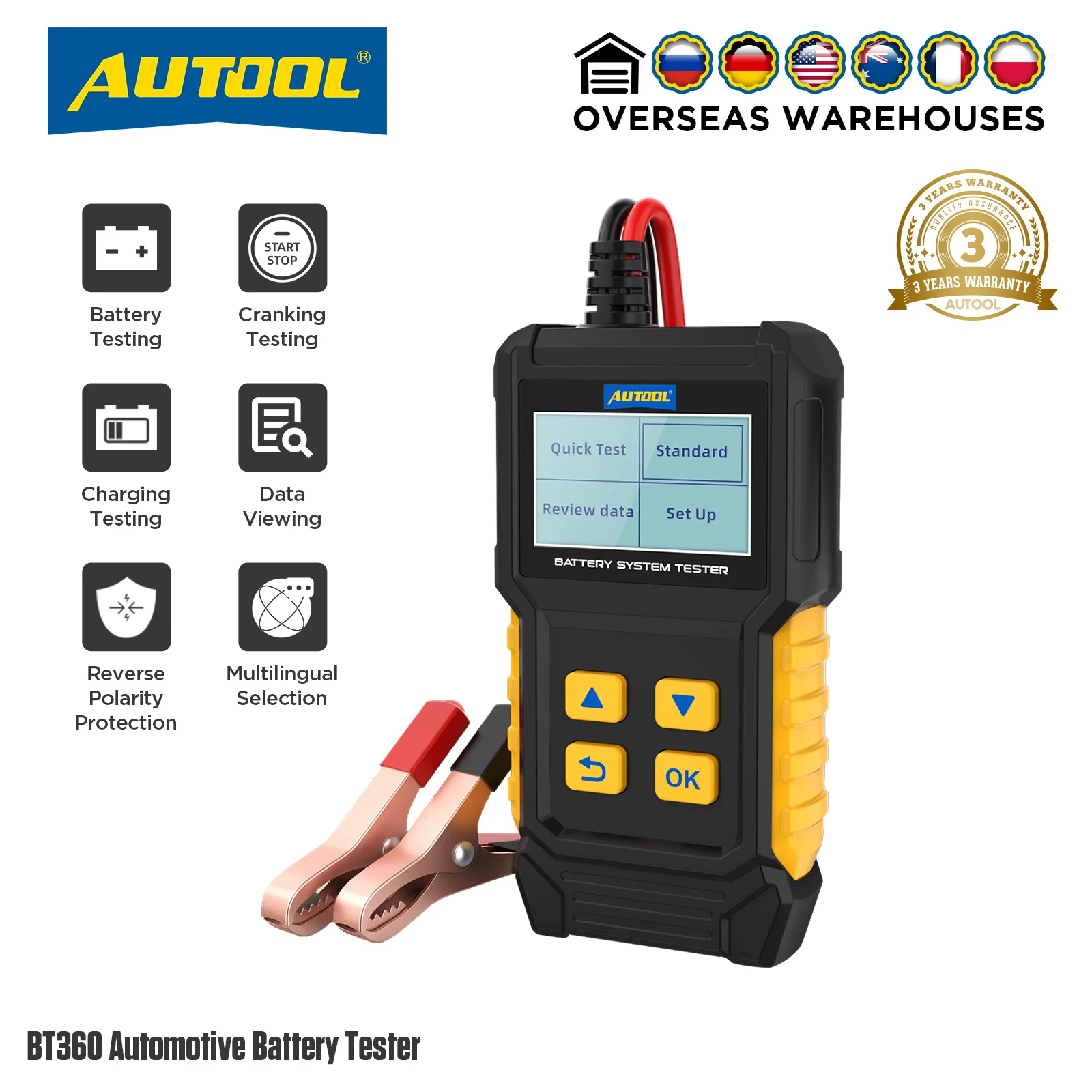 AUTOOL BT360 12V Car Battery Tester Analyzer Digital Auto Diagnostic Batterys 20~ 2000CCA Cranking Test Charging Scanner Tool