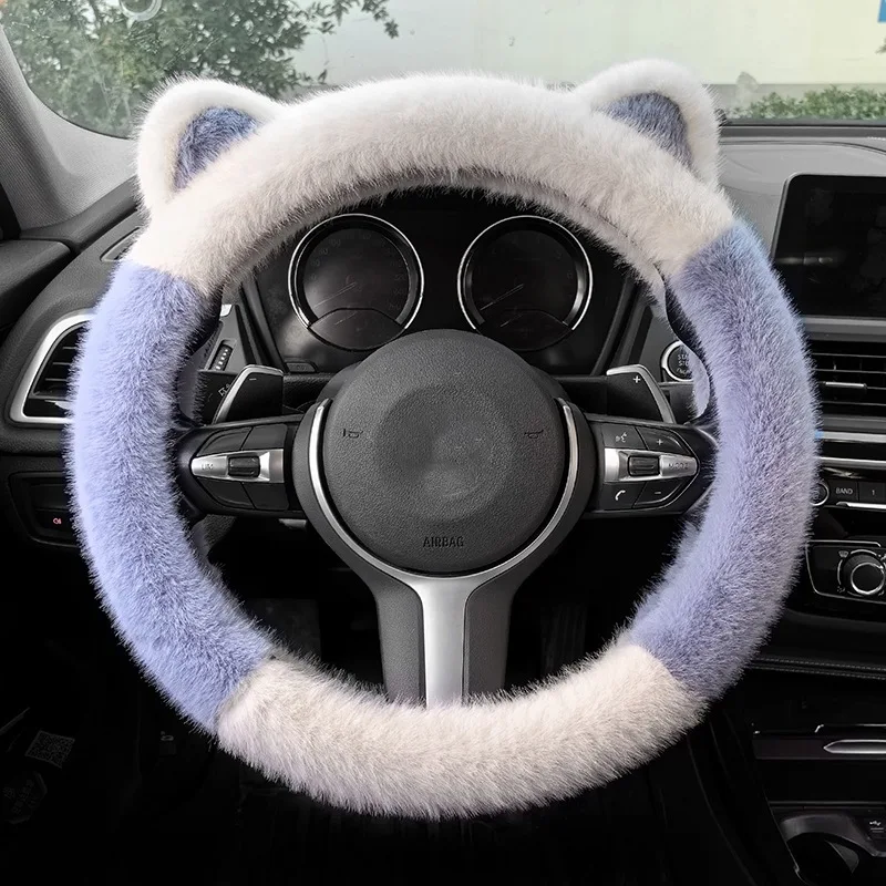 Winter Plush Thickened Cat's Ears Steering Wheel Cover Cute Cat-Shaped Car Accessory Plush Protective Steering Wheel Cap