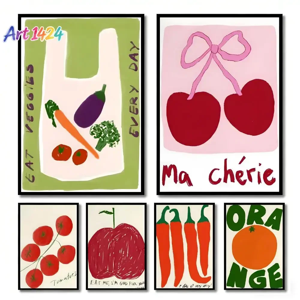 (No frame)Colourful Cheers Chili Fruit Orange Painting Calligraphy Canvas Poster Wall Art Aesthetic Home Decoration for Livin