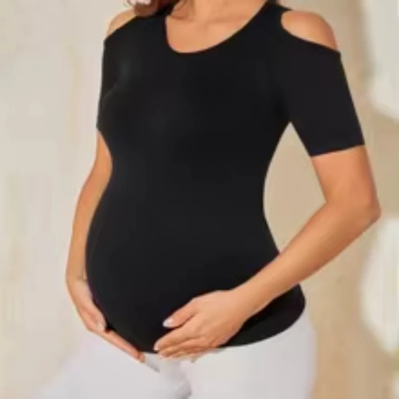 

Summer Women's Tops Casual V-neck Solid Color Strapless Loose Short Sleeve T-shirt Tops Fitness Pregnant Women's Short Sleeve