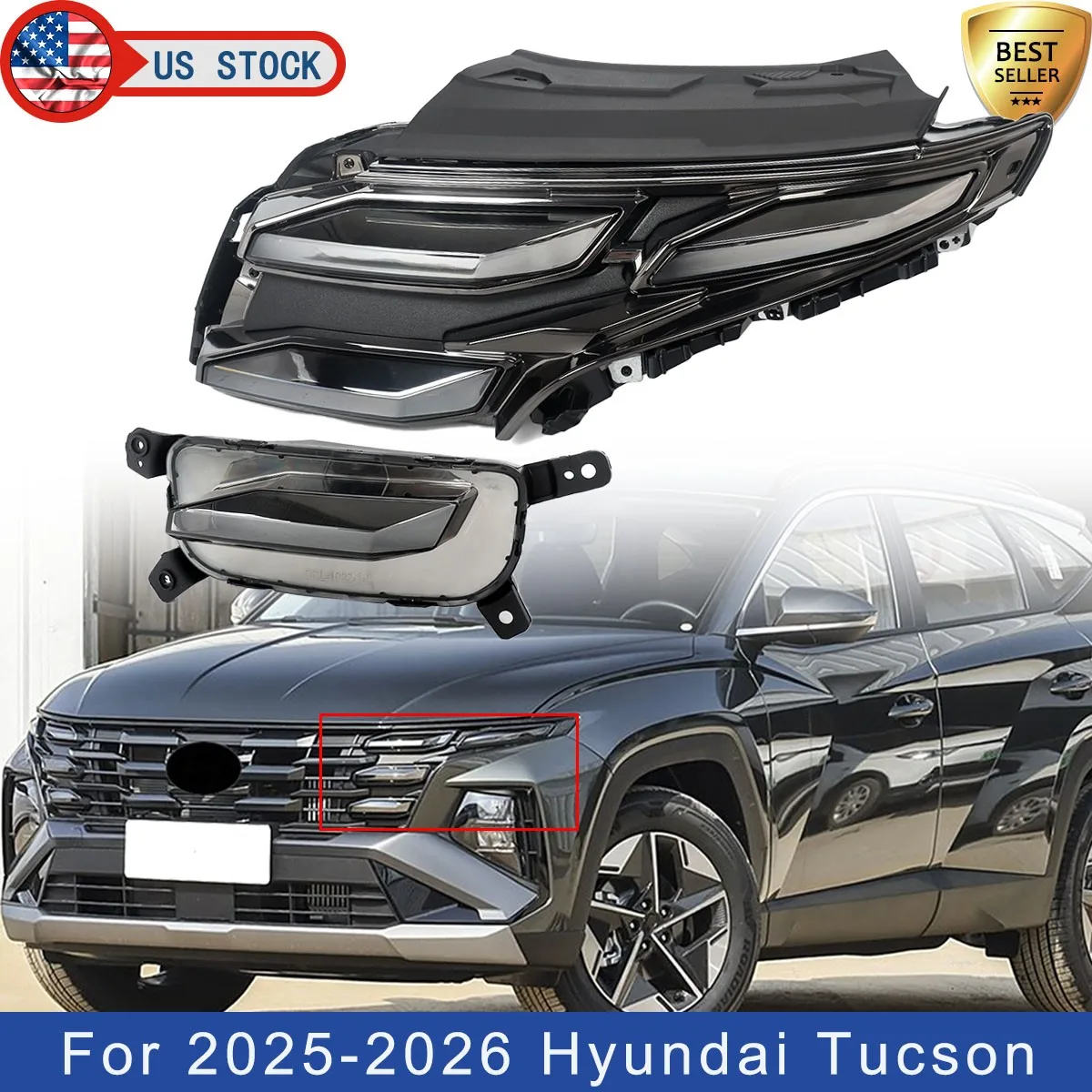 

Для Hyundai Tucson, передняя левая фара, комплектация Limited Tech Sport, 4-дверный, 2025-2026, светодиодные ДХО, дневные ходовые огни, левая затемненная фара