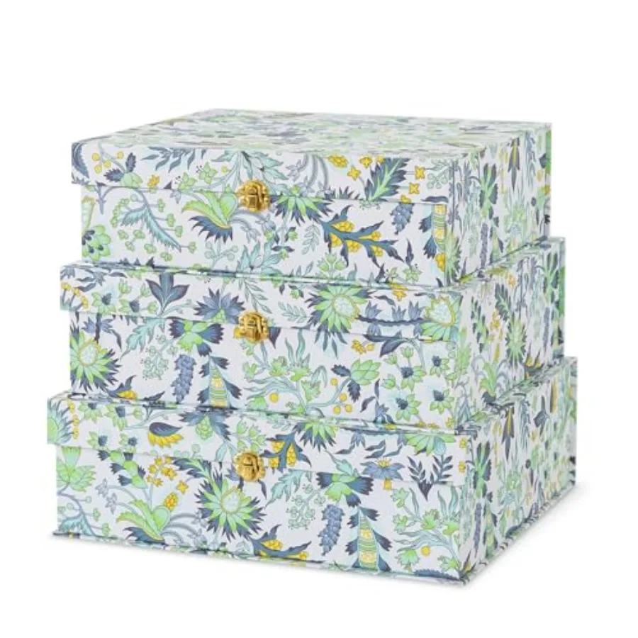 

Floral Cardboard Decorative Storage Boxes with Gold Hardware - Set of 3 - Stacking Boxes with Lids for Home Decor and Organizin