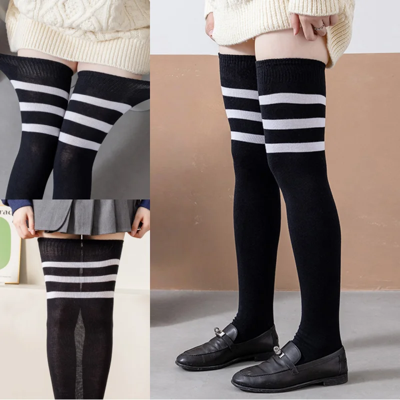 1 Pair Women‘s Cotton Thigh High Socks Over The Knee Three Stripes Preppy Style Non-Slip Thickened Extra Long Plus Size for Tall