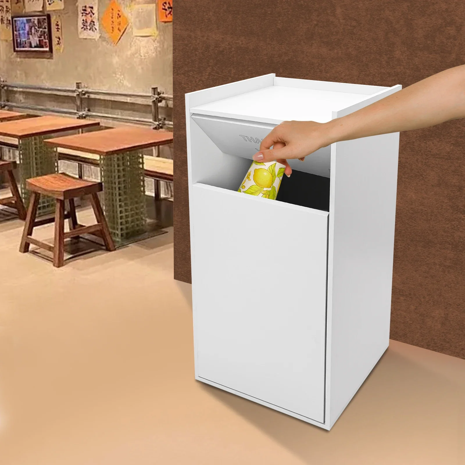 Bymaocar Silver 30L cubo de basura independiente de madera, bolsa de basura de lona desmontable y plegable para oficinas, bibliotecas y salones