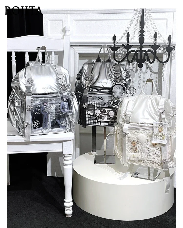 Silver Ita Backpack PU Clear Window Display Backpack Large Capacity Lolita Daypack for Anime Collect Pins Badges