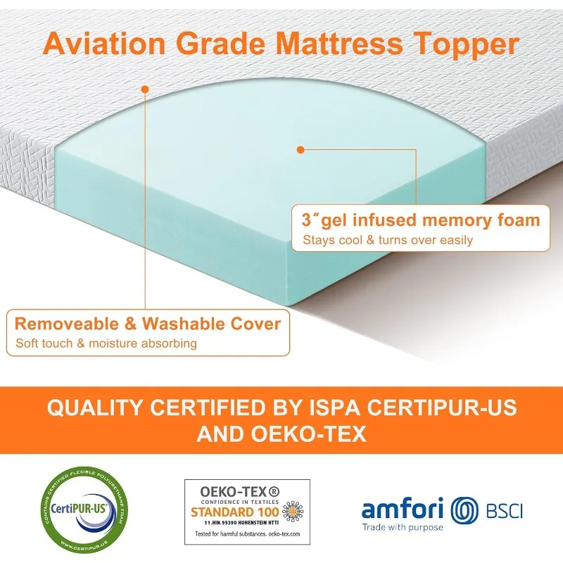 3 Inch Gel Memory Foam Cooling Mattress Topper,Mattress Pad Cover for Pressure Relief, Bed Topper with Removable Cover