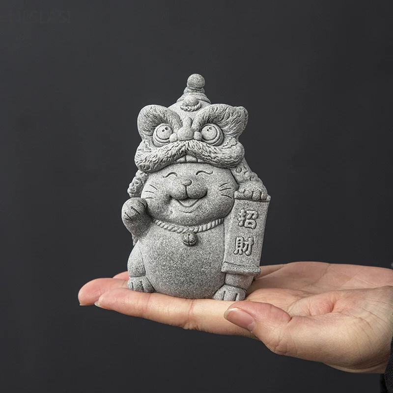 1pc Hand-carved Stone Tea Pet Boutique Fengshui Lucky Cat Ornaments Zen Chinese Tea Accessories Home Desktop Decoration