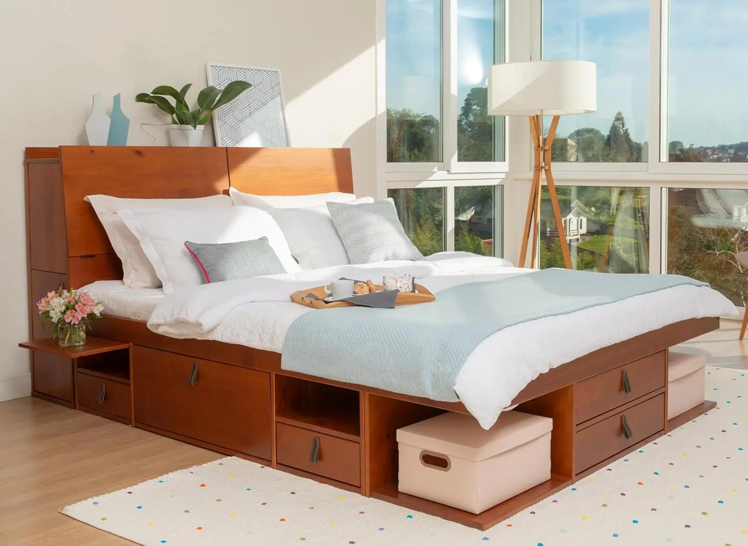 Storage Set: Storage Platform Bed with Drawers + Storage Headboard (Full Size, Caramel Brown Wood)