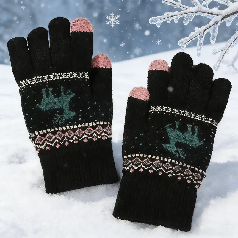 

Зимние утепленные вязаные перчатки с рисунком оленя, сенсорные, для улицы, для мужчин и женщин
