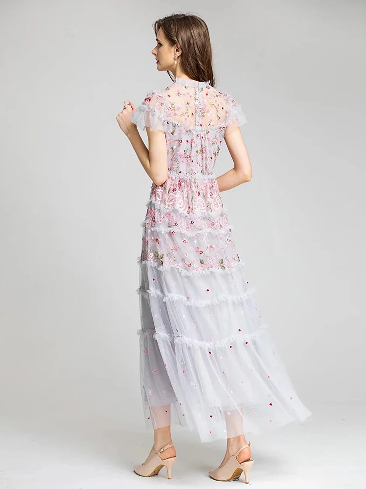 Delocah High Quality Summer Women Fashion Runway Holiday Long Dress Short Sleeve Embroidery Frilled Cascading Ruffles Mesh Dress