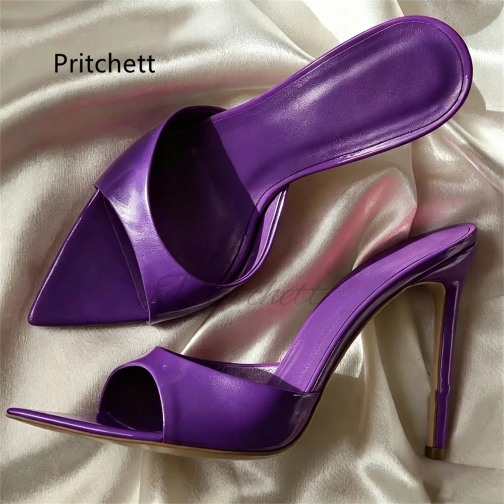 Patent Leather Stiletto Modern Slippers for Women Open Pointed Toe Backless Slip On Slide Sandals Sexy Party Summer Shoes