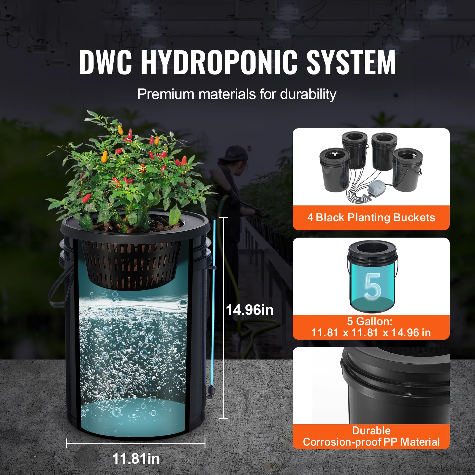 DWC Hydroponics Grow System, Deep Water Culture 5-Gallon 4 Buckets, Hydroponic Growing System with Top Drip Kit, Air Stones and Water Level Device for Leafy Vegetables, Featuring Air Pump