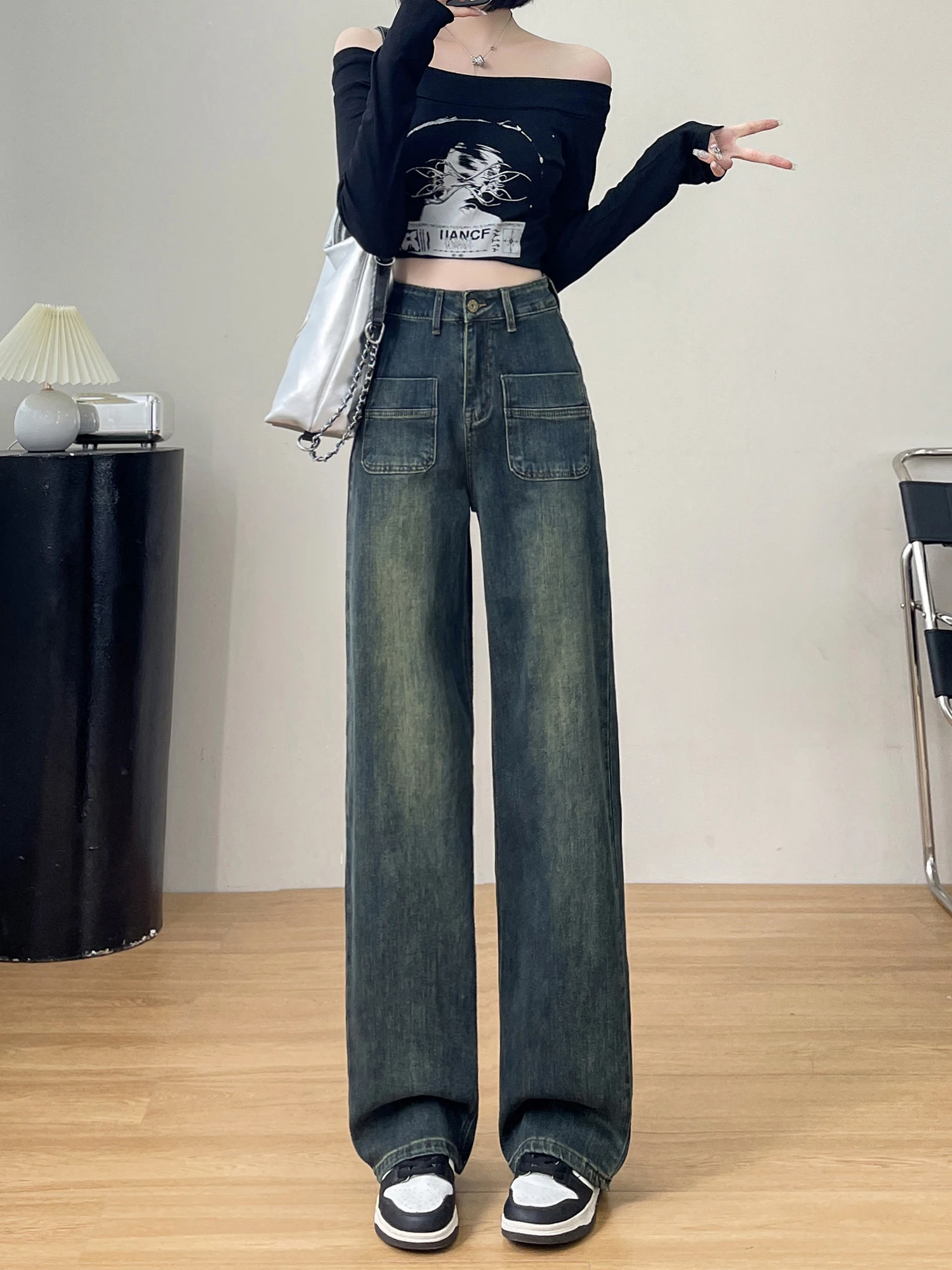 بنطلون جينز نسائي بخصر عالٍ وساق واسعة، تصميم ضيق مستقيم لفصلي الربيع والخريف، مقاس صغير مريح ومرن من الدنيم الأزرق