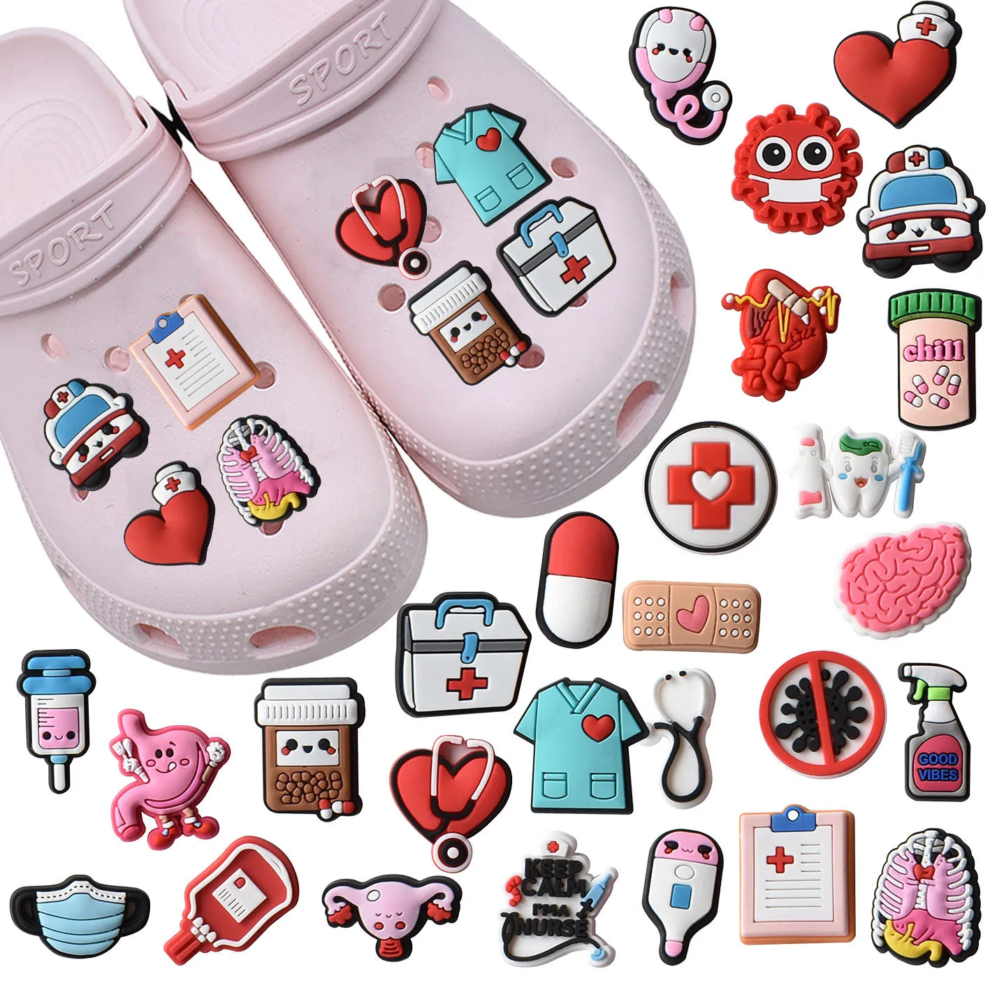 27 Uds. De proveedores médicos de la serie, dijes para zapatos DIY, accesorios de decoración de zapatos, alfileres para zapatos, sandalias deslizantes de burbujas