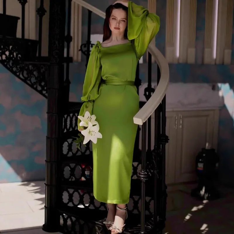 달콤한 캐주얼 스퀘어 넥 여성 롱 드레스 플레어 슬리브 하이 웨이스트 레이스업 파티 드레스 패션 가을 새틴 출근용 드레스