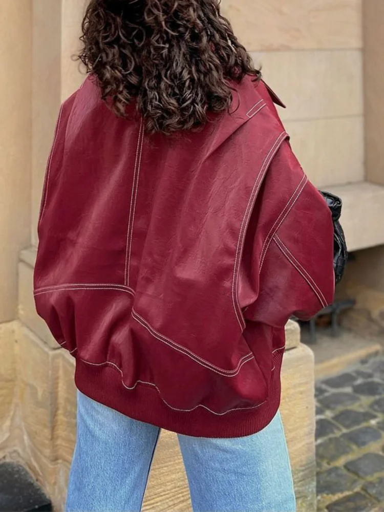 Frauen Wein rot Reiß verschluss Lederjacke lässig Langarm Revers kurz geschnittenen Mantel Vintage Herbst Mode Oberbekleidung