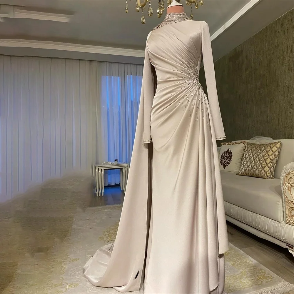JDYカスタムシャンパンサテンビーズ装飾ハイネック高級イブニングドレスモダンスタイルウェディングパーティガウン