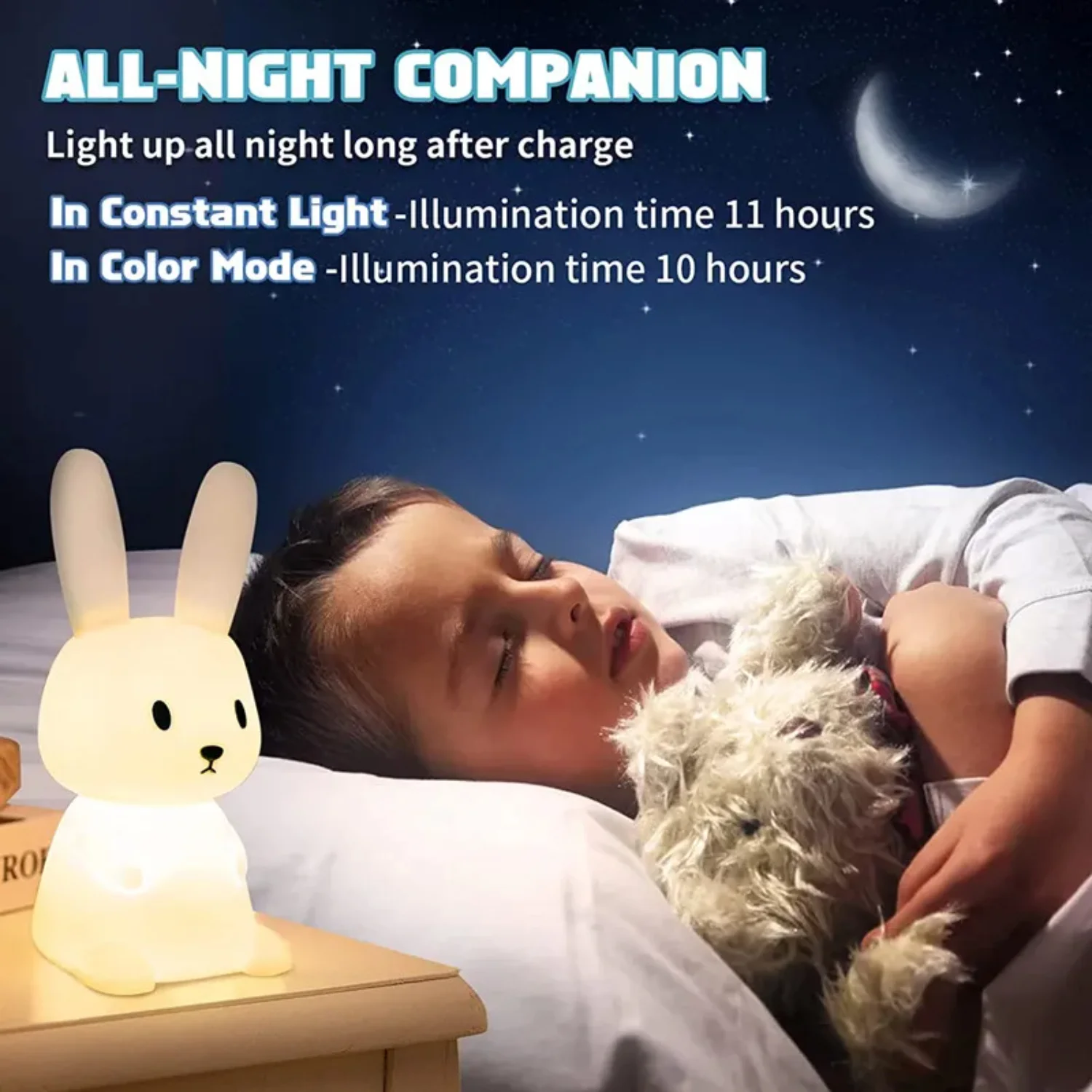 Luz noturna para quarto, lâmpada de coelho fofa, presentes para berçário, meninos, crianças pequenas, decoração de quarto kawaii, usb, silicone, coelho, luz noturna