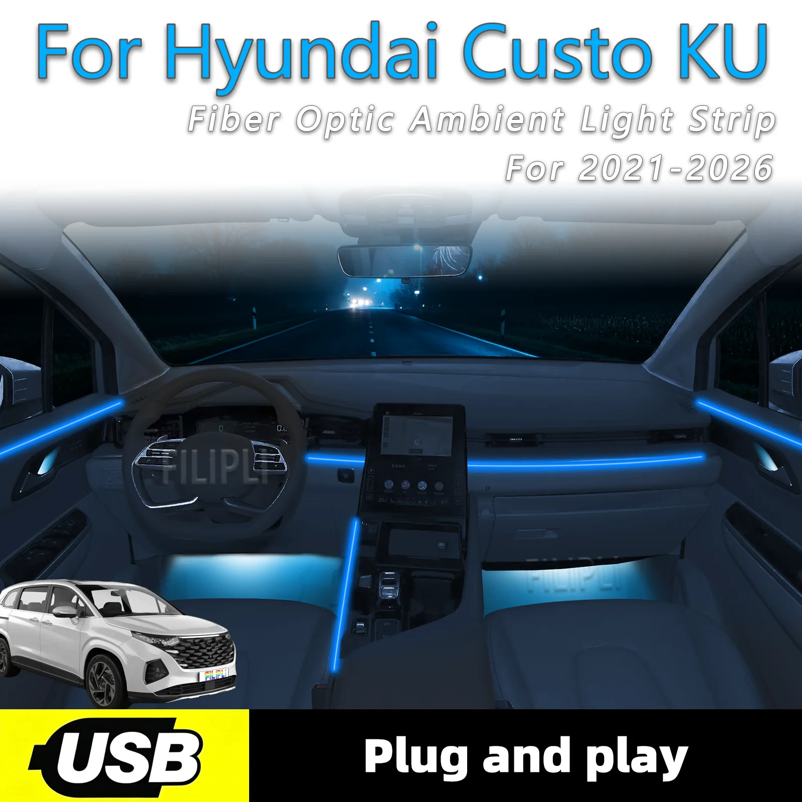 

Для Hyundai Custo KU 2021-2026: Светодиодная лента для внутренней подсветки салона автомобиля, USB-интерфейс, оптоволоконная, Plug and Play